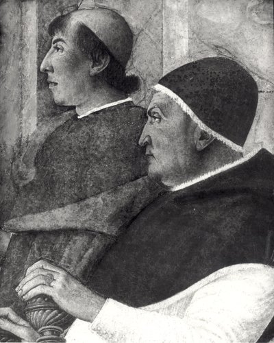 Pope Sixtus IV with a Cardinal behind him Installs Bartolommeo Platina as Director of the Vatican Library (detail) by Melozzo da Forli